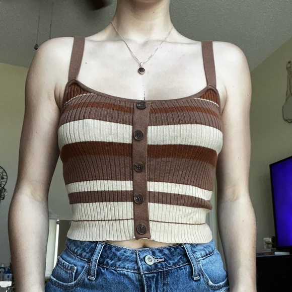 Cotton On Tops - Cotton On Brown and Cream Striped Button-Up Crop Top